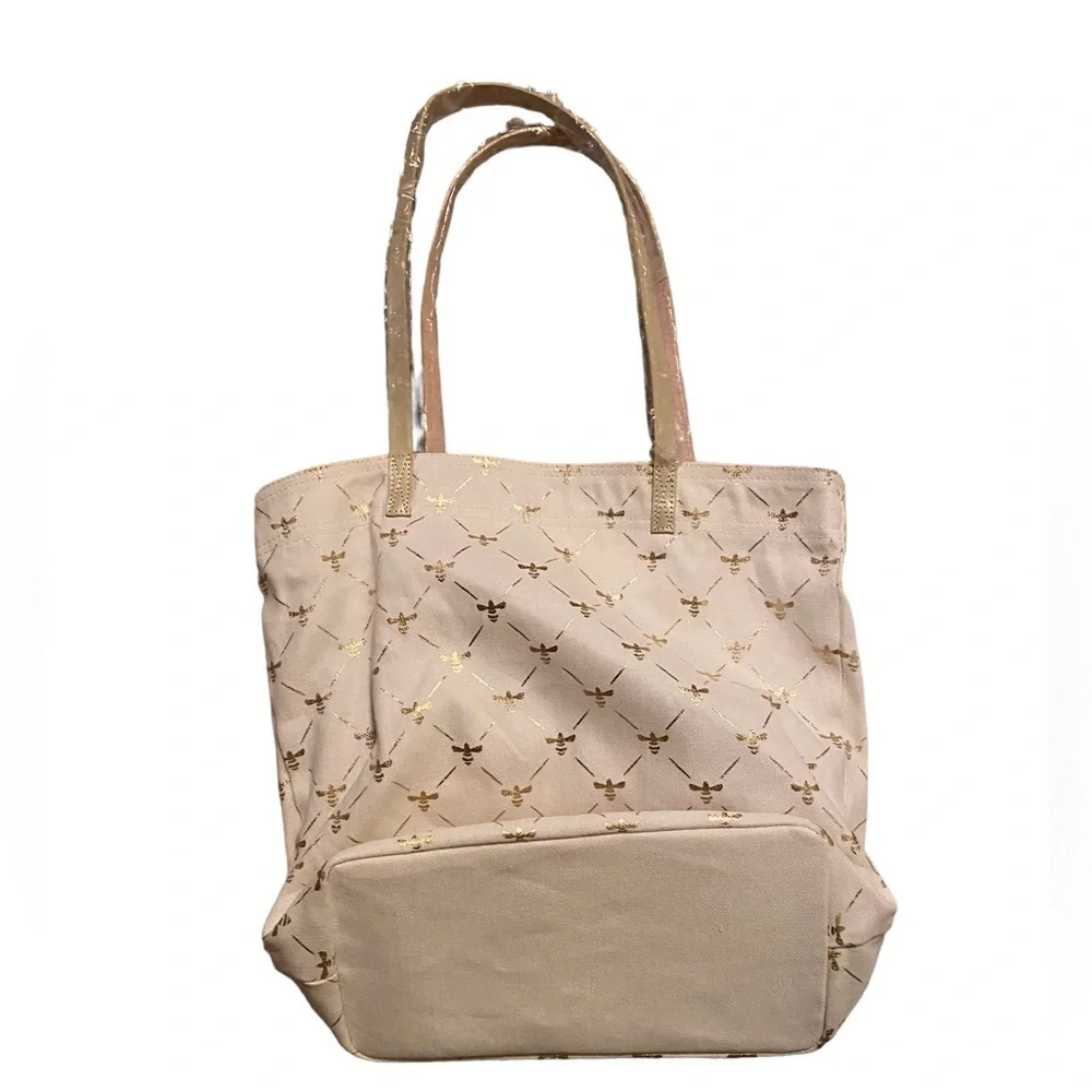 NWT Shiraleah Chicago, Gold Bee canvas tote bag with matching pouch